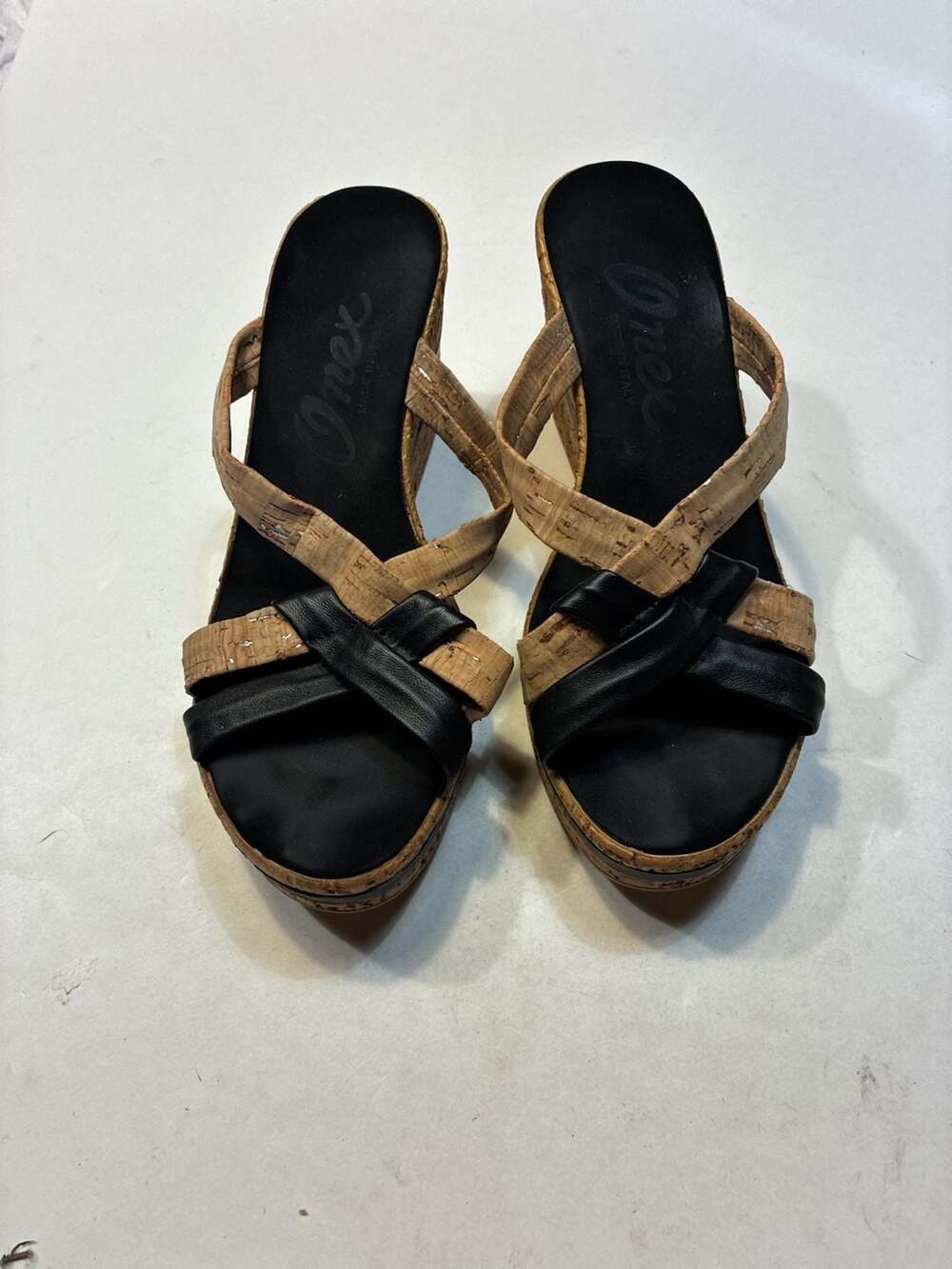 Onex Simona Black Leather and Cork Cross Band Wedge Sandals